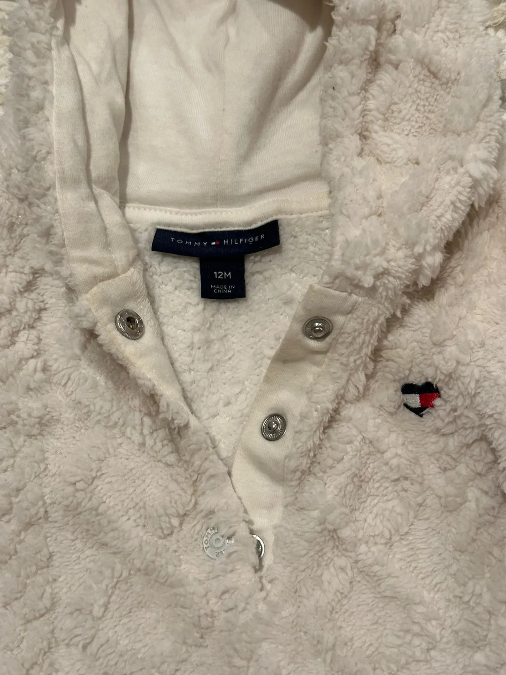 Tommy Hilfiger White Plush Hooded Baby One-Piece with Stripe Cuffs